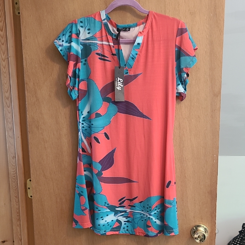 Lily Coral and Teal Floral Midi Dress